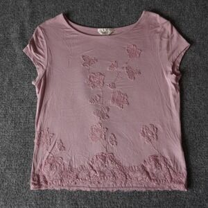 Petite Sophisticate Dusty Rose Floral Lace Trim Stretch‎ T-Shirt Top
